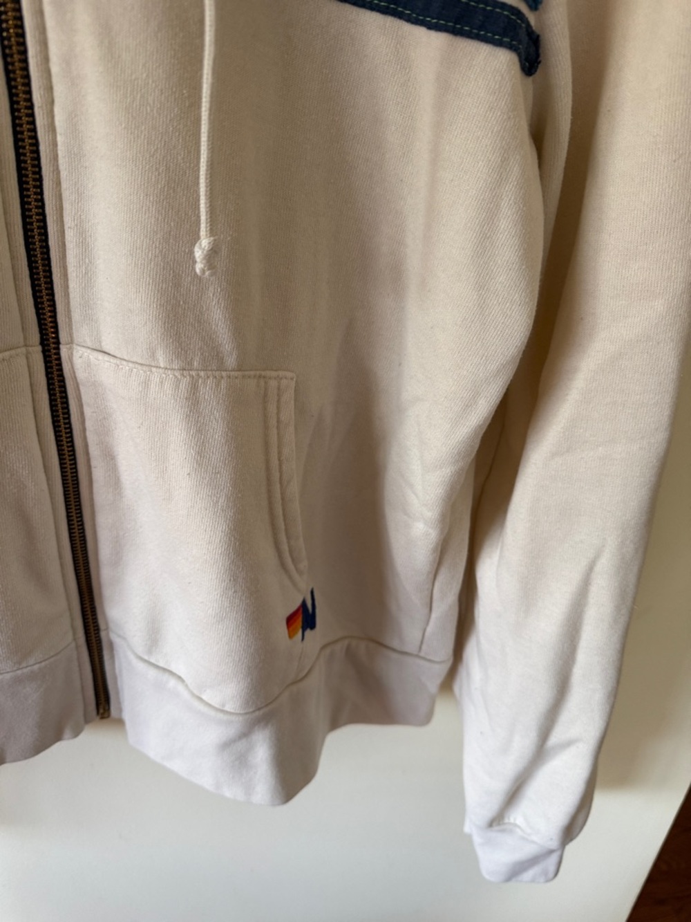 Aviator Nation Cream Zip Hoodie with Yellow, Orange, Red, Pink & Blue Stripes - Picture 4 of 8